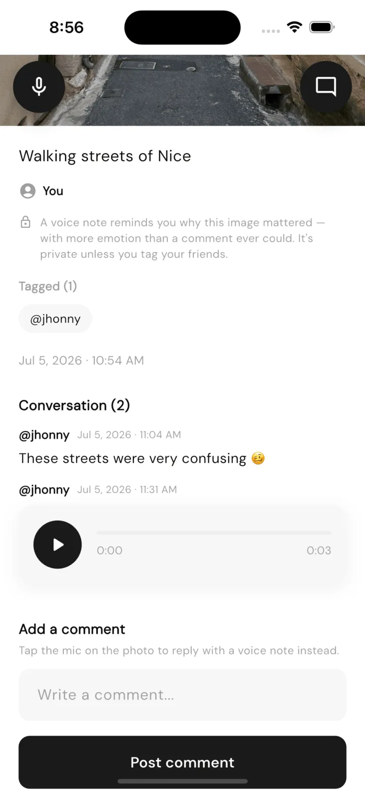 A memory in fram.d titled 'Walking streets of Nice' with a tagged friend, a comment, and a voice note in the conversation.