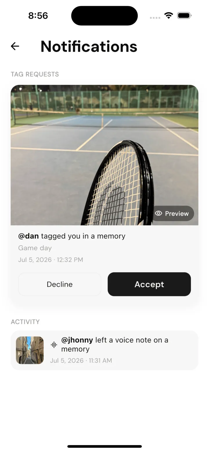 fram.d notifications showing a tag request with Accept and Decline buttons, and activity about a new voice note.
