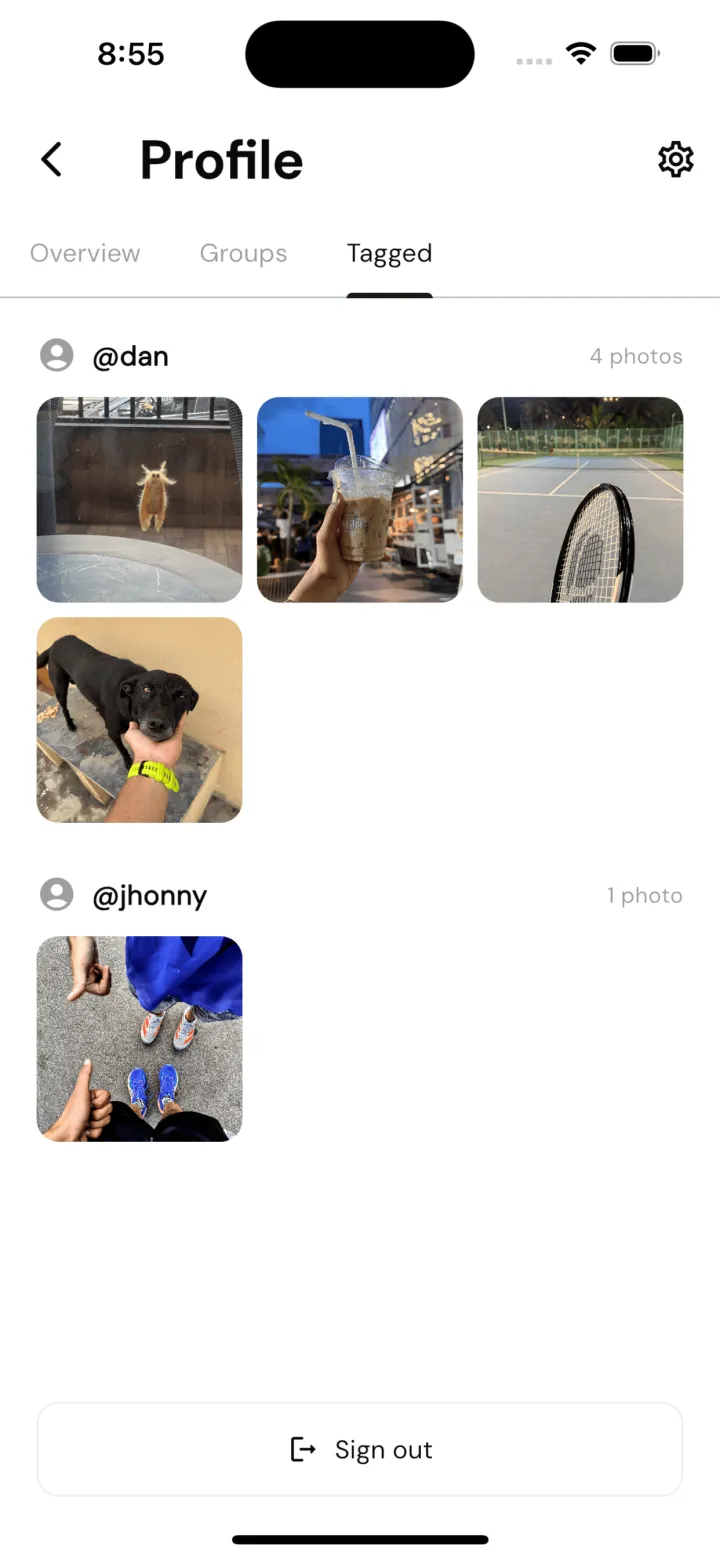 A fram.d profile showing the Tagged tab with photos grouped by the friends who tagged you.