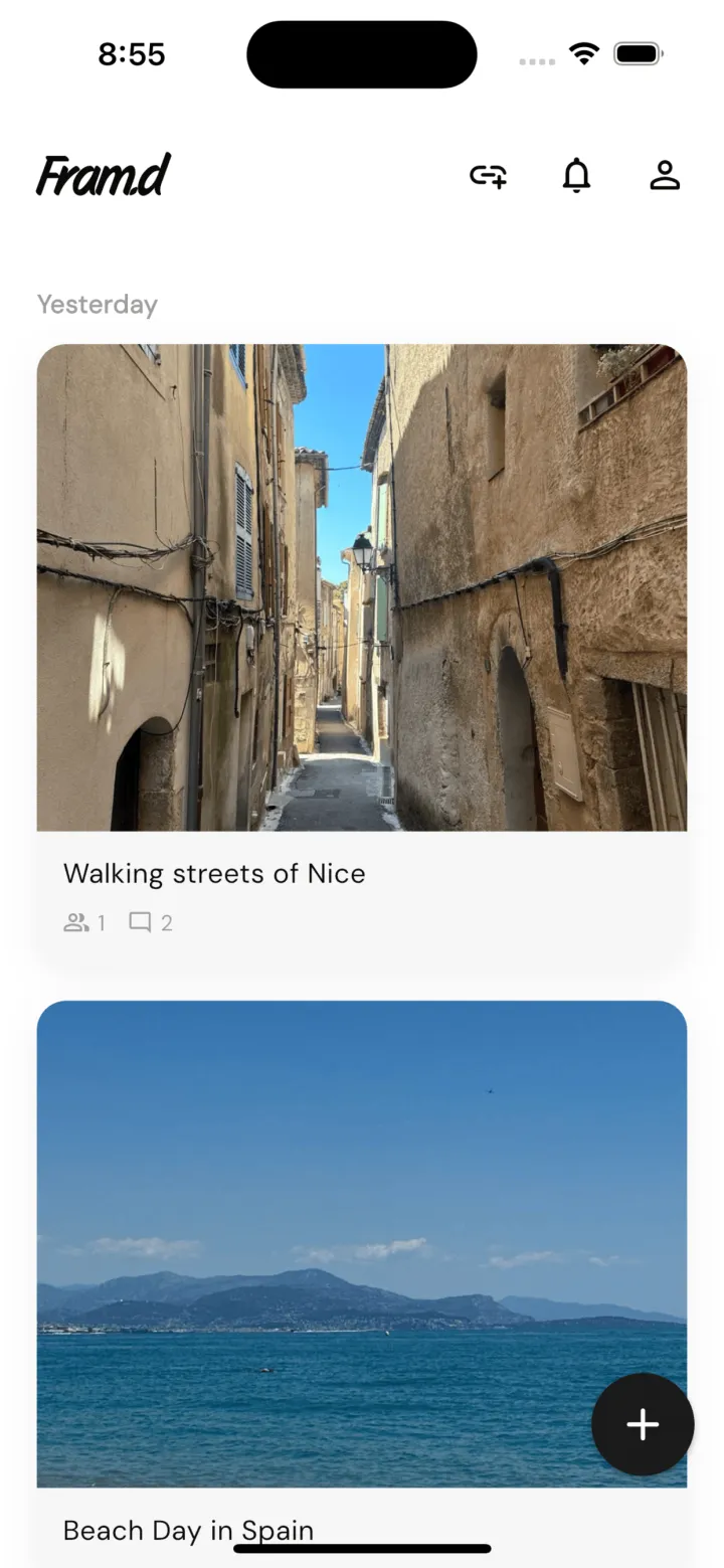The fram.d timeline showing photo memories with captions, tagged friends, and comment counts.